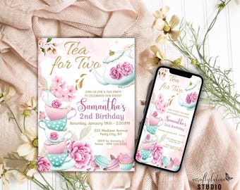 Tea for Two Birthday Invitation, Girl 2nd, Tea Party Invite, Pink Floral