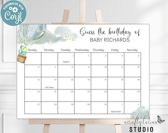 Guess the Birthday Calendar Sign, Baby Shower Game, Dinosaur Theme, Editable Template