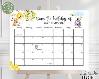 Editable Winnie the Pooh Baby Due Date Calendar, Guess Babys Birthday, Baby Shower Game, Classic Winnie the Pooh, Gender Neutral Baby Shower