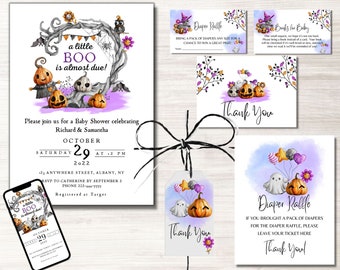 Paquete de invitaciones editables para baby shower de Halloween