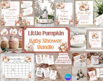 Babyparty-Set „Kleiner Kürbis“, Herbstliches Blumenmotiv, Einladungen, Spiele, Gastgeschenkanhänger, personalisierbar
