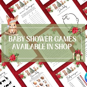 May include: A set of printable baby shower games featuring a winter woodland theme with illustrations of a bunny, a bear, and a Christmas tree. The games include "Scattergenics", "Draw Baby", "Animal Pregnancy", "Price is Right", "Baby Trivia", and "Guess the Baby Food".