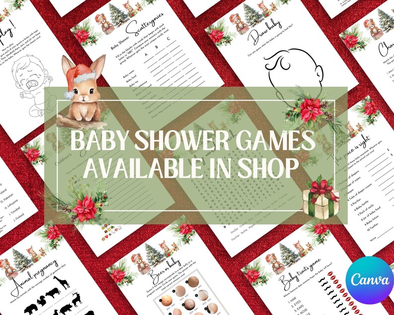 May include: A set of printable baby shower games featuring a winter woodland theme with illustrations of a bunny, a bear, and a Christmas tree. The games include "Scattergenics", "Draw Baby", "Animal Pregnancy", "Price is Right", "Baby Trivia", and "Guess the Baby Food".