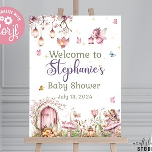 Letrero de bienvenida para baby shower con hada encantada, letrero de bienvenida grande, baby shower de niña, bosque encantado, invitación para baby shower, descarga instantánea