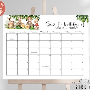 Woodland Baby Shower Guess the Due Date Calendar Game, Baby Shower Game, Guess Babys Birth Date, Editable Baby Prediction, Instant Download