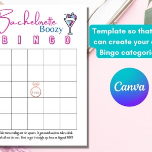 Puede incluir: Una tarjeta de bingo imprimible para una despedida de soltera con un icono de copa de c&oacute;ctel rosa y azul y el texto "Boozy Bingo". La tarjeta tiene un espacio libre en el centro con un icono de anillo de diamante rosa. El texto "Tomen turnos leyendo las casillas. Si coinciden con un art&iacute;culo, tomen una bebida y llamen al siguiente. &iexcl;El primero en obtener 5 en l&iacute;nea recta, hacia abajo o en diagonal GANA!" est&aacute; en la parte inferior de la tarjeta.