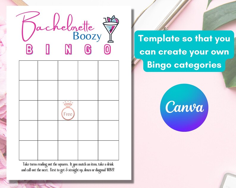 Puede incluir: Una tarjeta de bingo imprimible para una despedida de soltera con un icono de copa de c&oacute;ctel rosa y azul y el texto "Boozy Bingo". La tarjeta tiene un espacio libre en el centro con un icono de anillo de diamante rosa. El texto "Tomen turnos leyendo las casillas. Si coinciden con un art&iacute;culo, tomen una bebida y llamen al siguiente. &iexcl;El primero en obtener 5 en l&iacute;nea recta, hacia abajo o en diagonal GANA!" est&aacute; en la parte inferior de la tarjeta.