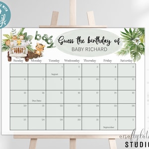 Baby Shower Calendar Due Date, Baby Calendar Game, Greenery Baby Shower, Guess Baby&#39;s Due Date, Birthday Predictions, Instant Download