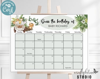 Jungle Baby Shower Game, Guess Baby's Birthday Calendar, Safari Animals, Printable (Corjl Edit Available)