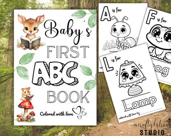 Książka z alfabetem na baby shower, książka z alfabetem zwierząt, książka z alfabetem dla dzieci, kolorowanki na baby shower, moja pierwsza książka z alfabetem, leśny baby shower