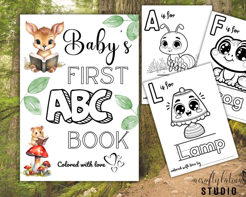 May include: Black and white printable coloring book pages for babies featuring the alphabet, animals, and the words "Baby's First ABC Book".