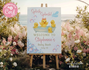 Letrero de bienvenida para baby shower con diseño de pato, decoración para fiesta de cumpleaños con temática de salpicaduras, plantilla personalizada de Corjl