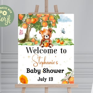 Little Cutie ist auf dem Weg Babyparty Willkommensschild, geschlechtsneutrales orange Zitrus Dekor, Cutie Willkommen Poster, bearbeitbares Willkommensschild