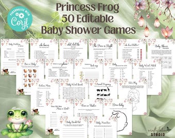 Princess Frog Baby Shower Games, 50 Editable Game Bundle, Floral Theme, Printable