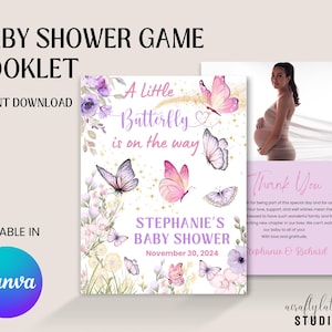 Printable A Little Butterfly Baby Shower Games Booklet, Editable Baby Shower Games Booklet, Baby Trivia, Bingo, Girl Baby Shower, Party Game