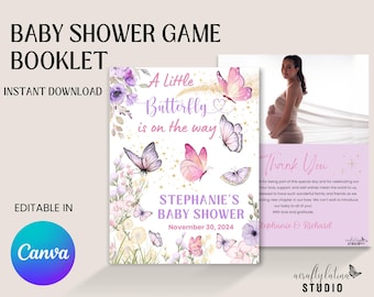 Druckbare eine kleine Schmetterling-Babyparty-Spiele-Broschüre, bearbeitbare Baby-Dusche-Spiele-Broschüre, Baby-Trivia, Bingo, Mädchen-Babyparty, Gesellschaftsspiel