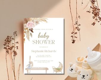 May include: A baby shower invitation with a beige background and a floral design. The text reads "Please join us for a baby shower in honor of Stephanie Richards. July 16, 2022 - 12:00 PM. 123 Anywhere St, Any City. RSVP to Catherine by July 2nd. Phone +222-444-7777. Registered at Target & Amazon."