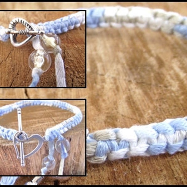 Bracelet Mixte Bleu chiné blanc fermoir coeur cordon coton homme femme macramé amitié