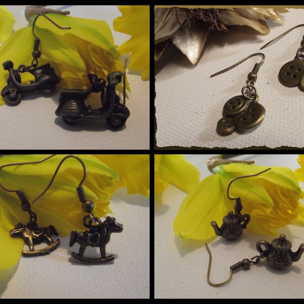 Boucles d'oreilles Bronze moto ou théière ou boutons ou cheval