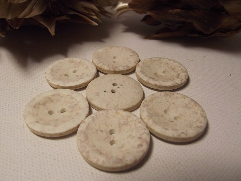 May include: Seven off-white, round buttons with two or three holes each. The buttons have a slightly textured surface with subtle brown marbling. The buttons are arranged in a circular pattern. Each button is approximately 2.5 cm in diameter.