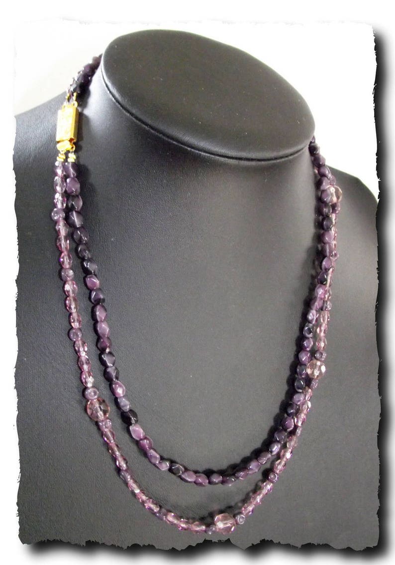 Collier Perles 2 rangs Mauve Parme Cristal et Verre pink necklace image 4
