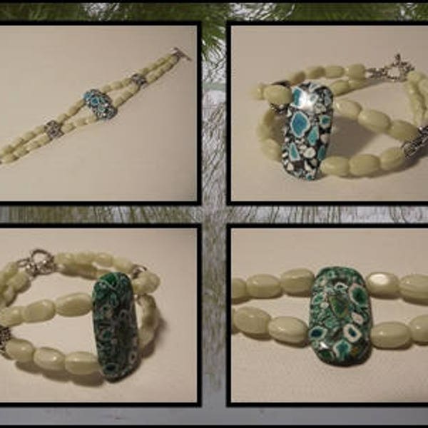 Bracelet Perles verre & Howlite bleu ou vert  18 cm fermé * 2 rangs fermoir argenté