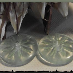 May include: Two clear, round earrings with a floral design embedded inside. The earrings are made of a translucent material, with a light green hue. The floral design is visible within the clear material. The earrings are displayed on a textured surface.