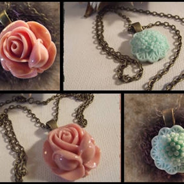 COLLIER Pendentif Fleur Rose  ou vert tendre Chaîne Bronze pink or green flower