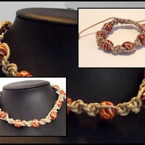 Parure Macramé lin naturel & perles bois peintes ou collier ras du cou ou bracelet