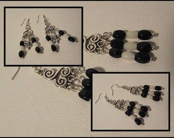 Boucles d'Oreilles Triskel avec pendants noir et blanc inspiration Celtique Bretagne Métal Argenté 2 modèles