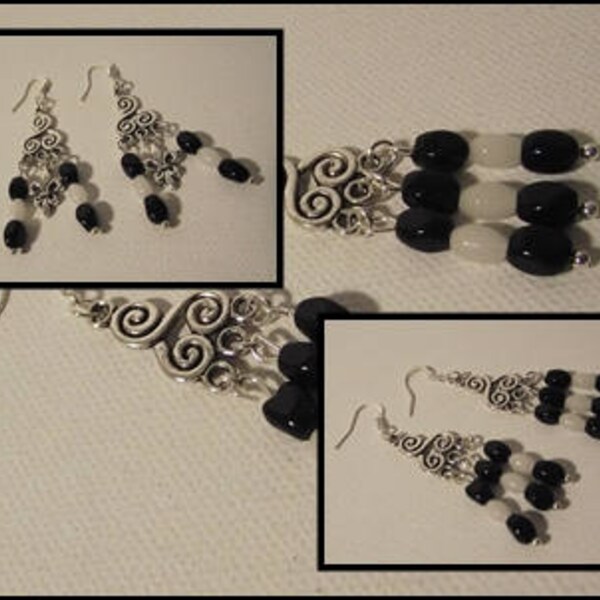 Boucles d'Oreilles Triskel avec pendants noir et blanc inspiration Celtique Bretagne Métal Argenté 2 modèles