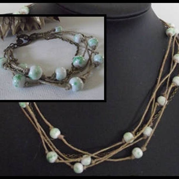 Parure ou Collier ou Bracelet lin & bronze perles céramique blanc et vert  necklace fête des mères