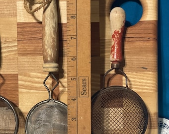 Vintage small sifters with wooden handles, Selections are green handle, Red handle or Natural handle sifters. Limited supply