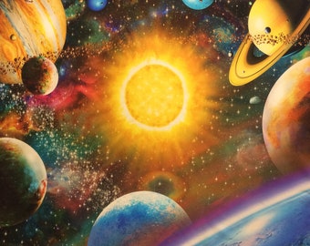 May include: A colorful illustration of a solar system with a bright yellow sun in the center, surrounded by planets of different colors and sizes. The planets are set against a dark blue background with stars and nebulae.