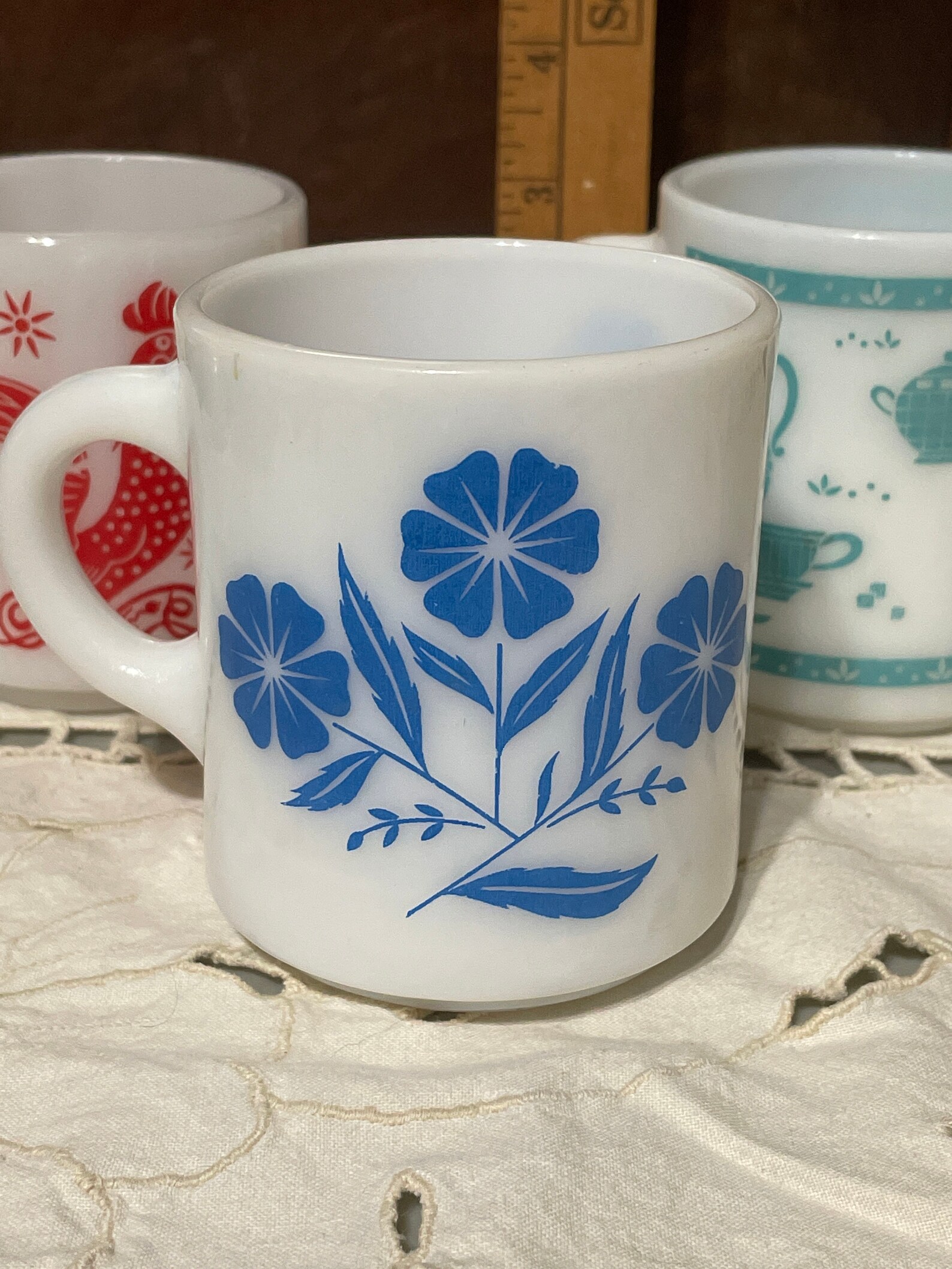 Vintage Milk Glass Coffee Cups Rooster Blue Cornflower and Etsy