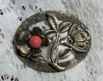 Vintage coral gemstone on pewter brooch, Costume jewelry from the 70's era