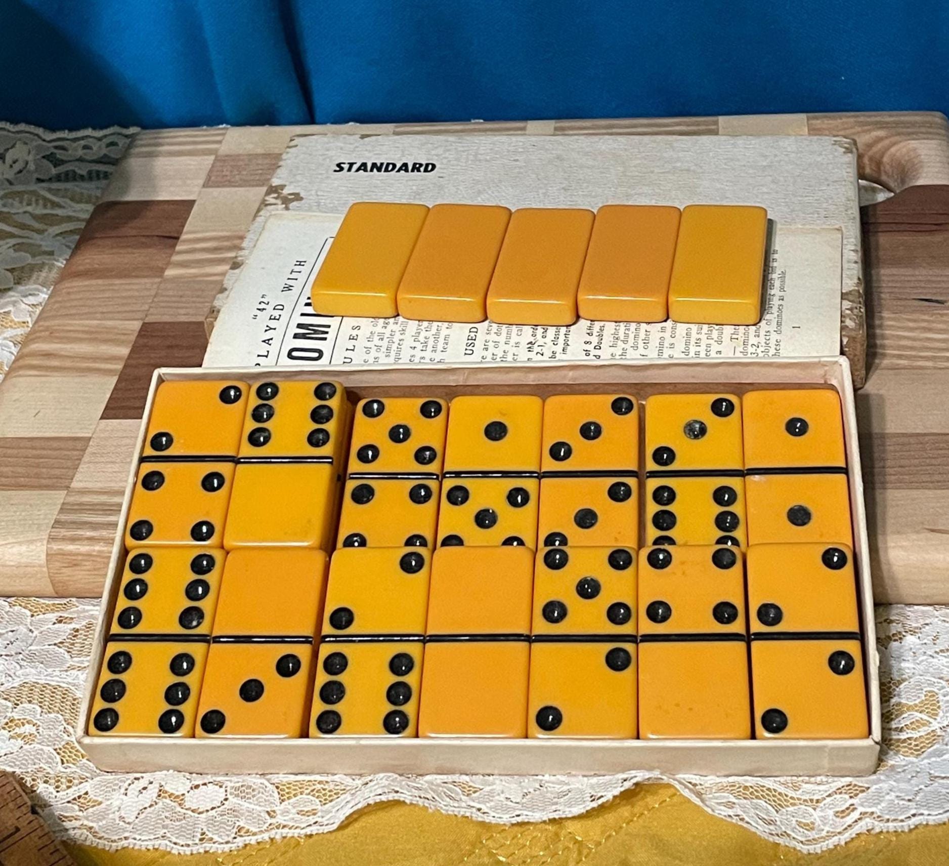 Dominoes Marblelike Standard Vintage Bakelite Very Old Domino, Butterscotch in color, Complete set in original box.  Made in Texas USA
