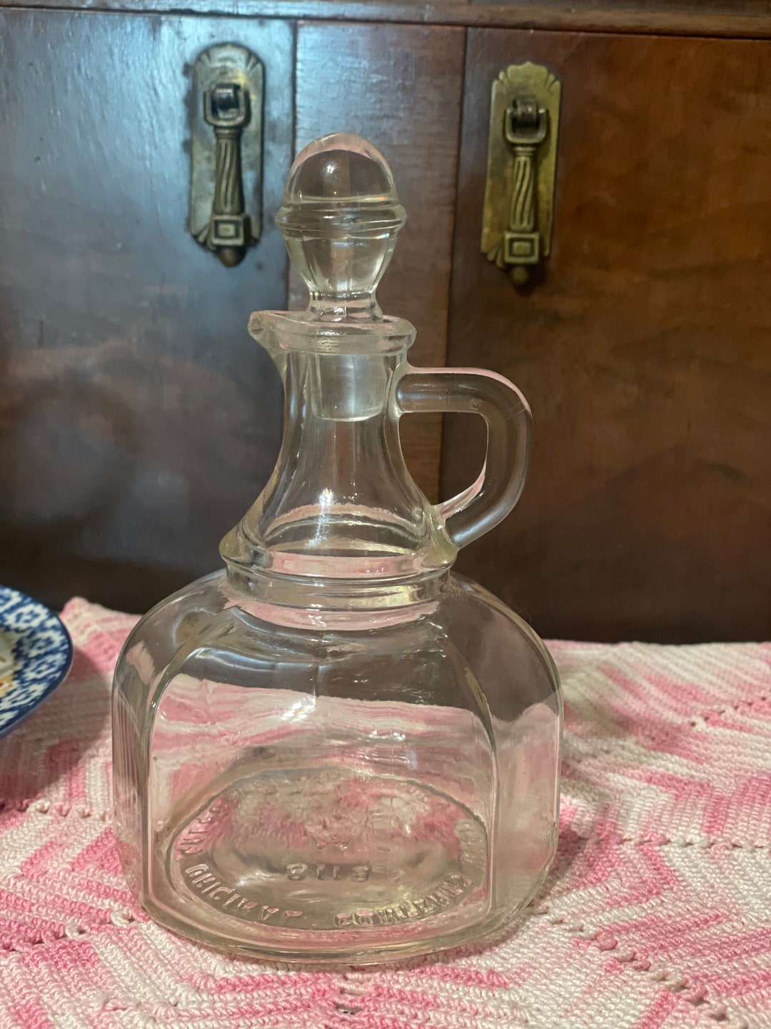 Unique Clear Glass Cruet With Topper, Ozark Vinegar Cruet. Collectable