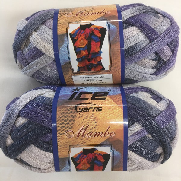 Scarf yarn, Mambo by Ice Yarns, variegated colors of purple and gray