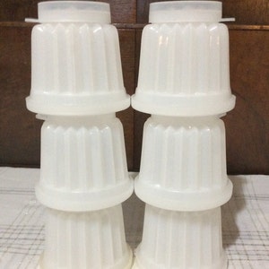 May include: Six white plastic jelly molds with a fluted design. The molds are stacked in pairs.