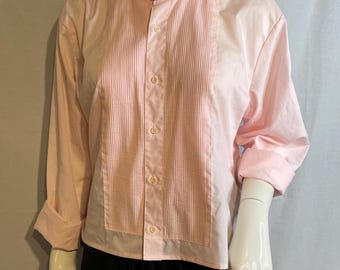 Pink Redesigned Tuxedo shirt with ruffle collar, Ladies shirt, unique one of a kind. Light Pink