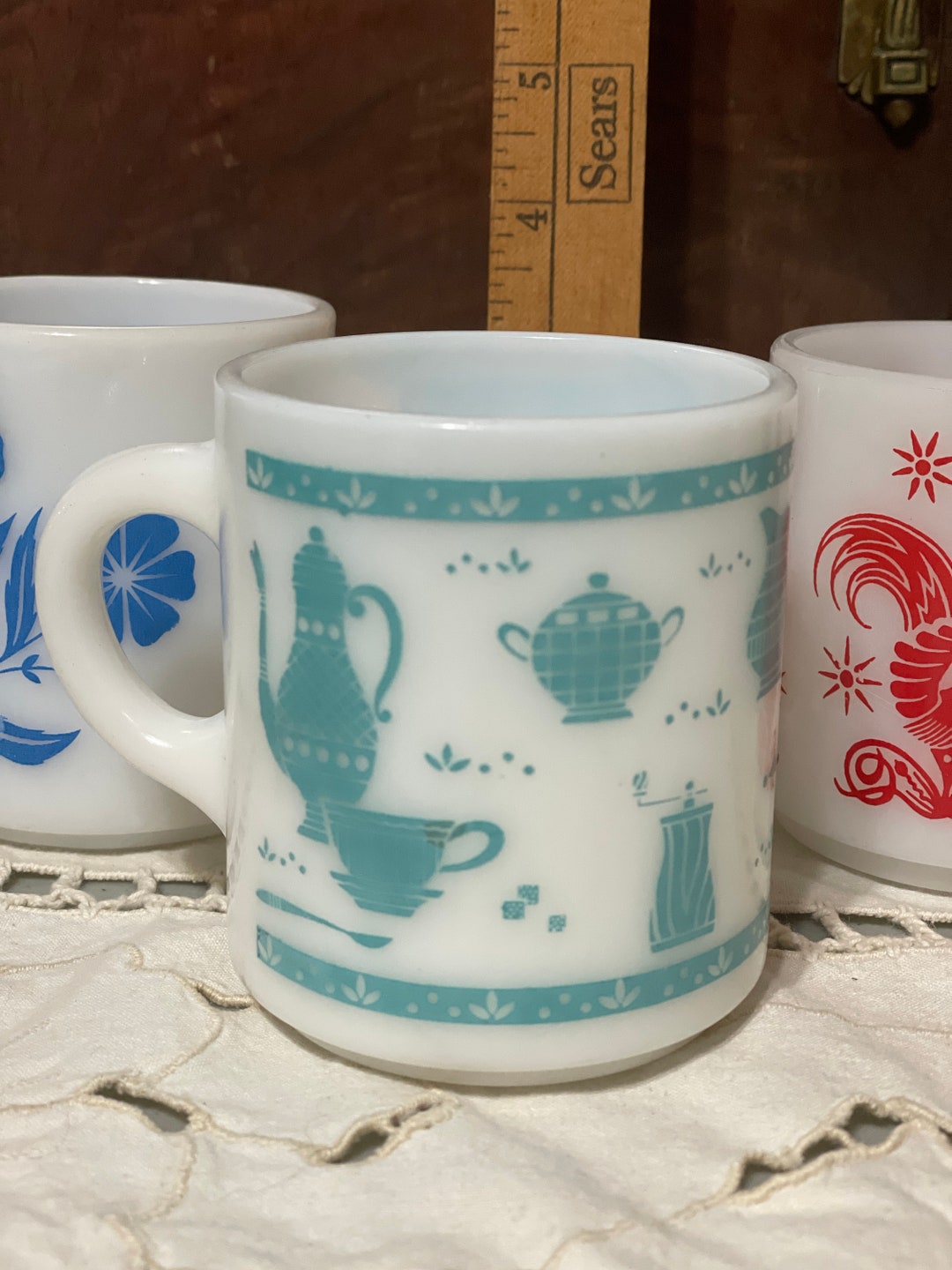 Vintage Milk Glass Coffee Cups Rooster Blue Cornflower and Etsy