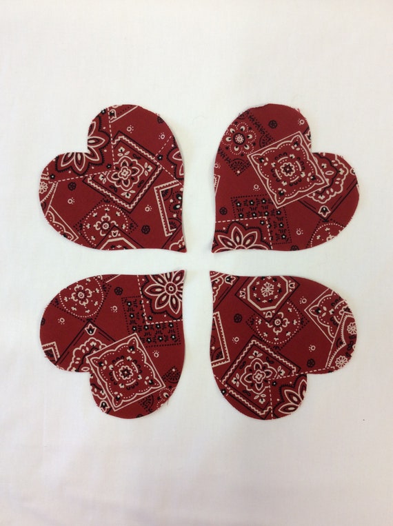 Pre Cut Heart Shapes in Red Bandana Fabric, Die-cut, Cotton Fabric