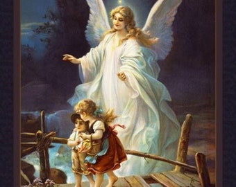 May include: A serene painting depicts a celestial angel with large white wings, overseeing two children crossing a wooden bridge. The angel is dressed in white robes, and the children are wearing rustic clothing. The background features a dark, cloudy sky and a flowing river.
