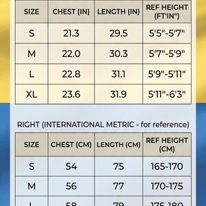 May include: A Sinchi.co jersey size guide chart featuring two tables for US Imperial and International Metric measurements. It lists sizes S through XL with corresponding chest, length, and height ranges in inches, feet, and centimeters.