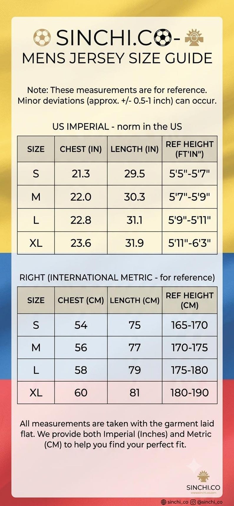 May include: A Sinchi.co jersey size guide chart featuring two tables for US Imperial and International Metric measurements. It lists sizes S through XL with corresponding chest, length, and height ranges in inches, feet, and centimeters.
