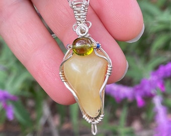 Honey Yellow Opal with Olive Green Quartz Pendent Wrapped with Sterling Wire