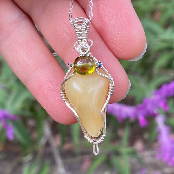 Honey Yellow Opal with Olive Green Quartz Pendent Wrapped with Sterling Wire
