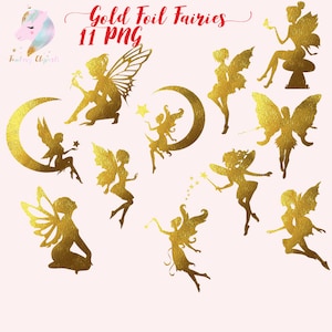 Goudfolie feeën, fee clip art, goudfolie clipart, fee silhouetten, kerst graphics, fantasie cliparts, fee op de maan, feeën,