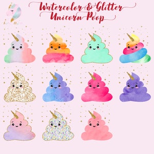 Licorne aquarelle, clipart de caca de licorne, image clipart de caca, caca à paillettes mignon, caca kawaii, clipart de caca de licorne, clipart aquarelle, paillettes d’or